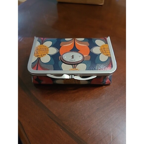 Fossil Key-Per Brown Floral Make Up/travel With Mirror Metal Snap 6.5"x4"x2" - Picture 2 of 9